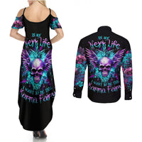 Couples matching maxi dress and button shirt set, black with skull floral back prints