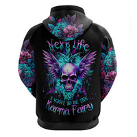 Black pullover hoodie with colorful winged skull and floral print on back