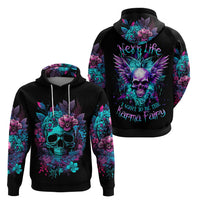 Black pullover hoodie shown front and back with colorful skull and floral graphics