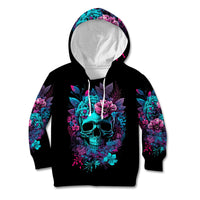Black kids hoodie with hood up and teal skull graphic, light gray interior lining