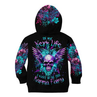 Black kids hoodie with colorful skull-and-wings graphic and floral sleeves, front view