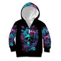 Black kids hoodie with hood up, teal skull-and-wings back print with colorful floral accents