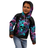 Black kids hoodie on child, front teal skull graphic with purple flowers, hood up