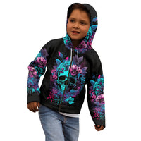 Black kids hoodie on child, front teal skull and floral artwork with hood up