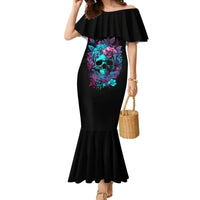 Black off-shoulder mermaid dress, ruffled neckline, purple and teal skull artwork