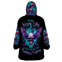 Skull wearable blanket hoodie, black with neon floral wings and back text design