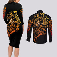 Tattoo Skull Couples Matching Long Sleeve Bodycon Dress and Long Sleeve Button Shirts Golden Skull Face Tattoo - Wonder Print Shop
