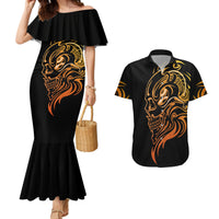 Black mermaid dress with off-shoulder ruffle and golden skull tattoo print; shirt