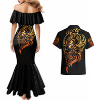 Black off-shoulder mermaid dress with golden skull tattoo print; black Hawaiian shirt