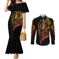 Black mermaid dress with tattoo skull print and black long-sleeve button shirt set