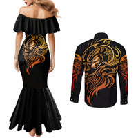 Black off-shoulder mermaid dress and long-sleeve button shirt with golden skull back print