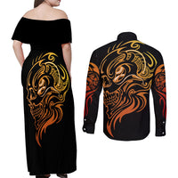 Tattoo Skull Couples Matching Off Shoulder Maxi Dress and Long Sleeve Button Shirts Golden Skull Face Tattoo - Wonder Print Shop
