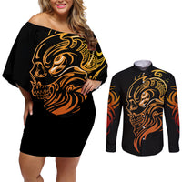 Tattoo Skull Couples Matching Off Shoulder Short Dress and Long Sleeve Button Shirts Golden Skull Face Tattoo - Wonder Print Shop