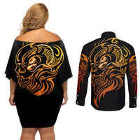 Tattoo Skull Couples Matching Off Shoulder Short Dress and Long Sleeve Button Shirts Golden Skull Face Tattoo - Wonder Print Shop