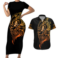 Black bodycon midi dress and black short-sleeve Hawaiian shirt with golden skull face art