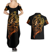 Tattoo Skull Couples Matching Summer Maxi Dress and Hawaiian Shirt Golden Skull Face Tattoo - Wonder Print Shop