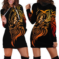 Black tattoo skull hoodie dress with gold front and back skull graphics, long sleeves