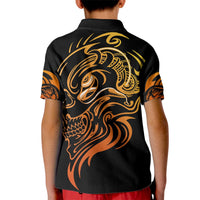 Kids black polo shirt with gold tattoo skull graphic, back view