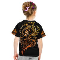 Black kids tattoo skull graphic T-shirt with golden back face tattoo, short sleeves