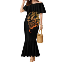 Black mermaid dress for women with off-shoulder ruffle and gold tattoo skull print