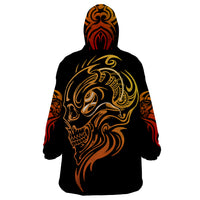Black wearable blanket hoodie with hood, back gold-red skull tattoo graphic