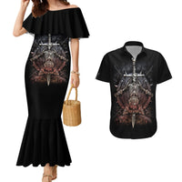 Black off-shoulder mermaid dress with warrior skull print; matching short-sleeve shirt