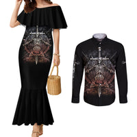 Black off-shoulder mermaid dress with skull warrior graphic; long sleeve button shirt set