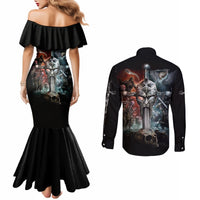 Black off-shoulder mermaid dress and long-sleeve button shirt, skull warrior prints (back view)