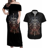 Warrior Skull Couples Matching Off Shoulder Maxi Dress and Hawaiian Shirt Skull Warrior Viking - Wonder Print Shop