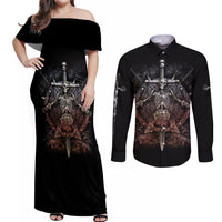 Warrior Skull Couples Matching Off Shoulder Maxi Dress and Long Sleeve Button Shirts Skull Warrior Viking - Wonder Print Shop