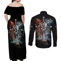 Warrior Skull Couples Matching Off Shoulder Maxi Dress and Long Sleeve Button Shirts Skull Warrior Viking - Wonder Print Shop