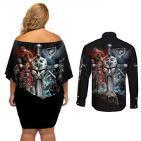 Warrior Skull Couples Matching Off Shoulder Short Dress and Long Sleeve Button Shirts Skull Warrior Viking - Wonder Print Shop