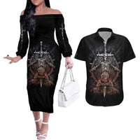Warrior Skull Couples Matching Off The Shoulder Long Sleeve Dress and Hawaiian Shirt Skull Warrior Viking - Wonder Print Shop