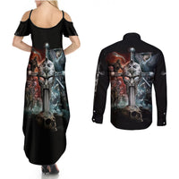 Black skull warrior maxi dress and long-sleeve button shirt with back armor graphic print