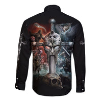 Warrior Skull Long Sleeve Button Shirt Skull Warrior Viking - Wonder Print Shop