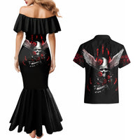 Black off-shoulder mermaid dress and skull-wing Hawaiian shirt, back print matching set