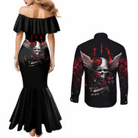 Black off-shoulder mermaid dress and black long-sleeve button shirt, back skull-wings print