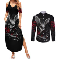 Black maxi dress with V-neck and off-shoulder sleeves, skull wings and red roses print