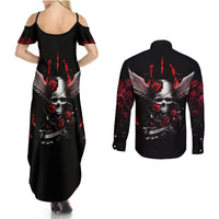Black long-sleeve button shirt with skull wings and red roses on front and back