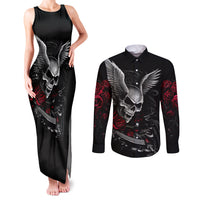 Wings Rose Skull Couples Matching Tank Maxi Dress and Long Sleeve Button Shirts Romantic Rose Skull Wings - Wonder Print Shop