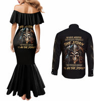 Black off-shoulder mermaid dress with skull print and black long-sleeve button shirt (back)