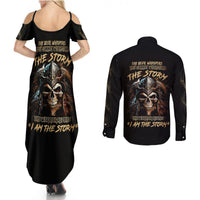 Black maxi dress with skull graphic and 'I AM THE STORM' print