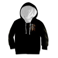 Black zip-front hoodie with skull chest graphic and light gray hood lining