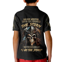 Kids black polo shirt with large back skull graphic and text