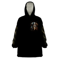 Black wearable blanket hoodie with skull graphic on chest and hood