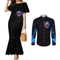 Black off-shoulder mermaid dress and matching long-sleeve button shirt with skull chest graphic