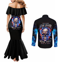 Black off-shoulder mermaid dress with skull graphic; matching long-sleeve button shirt, back print