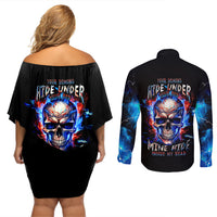 Fire Skull Couples Matching Off Shoulder Short Dress and Long Sleeve Button Shirts Your Demon Hide Under Your Bed - Wonder Print Shop