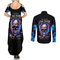 Black maxi dress and long-sleeve button shirt with blue skull graphic, front & back