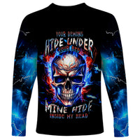 Fire Skull Long Sleeve Shirt Your Demon Hide Under Your Bed - Wonder Print Shop